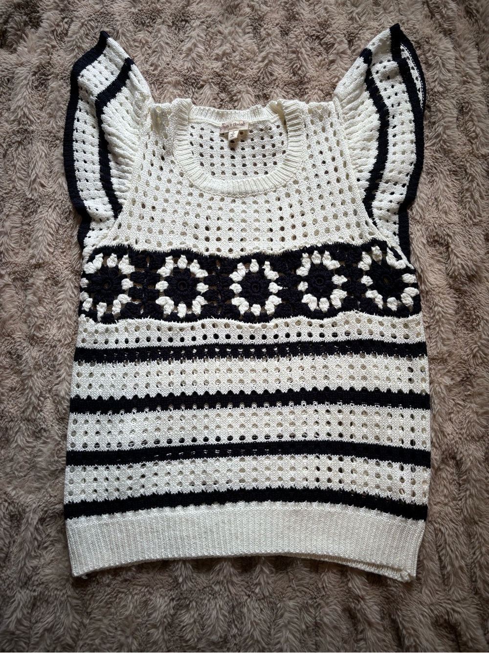 Hem & Thread Cream and Black Crochet Knit Flutter Sleeve Sweater Tank